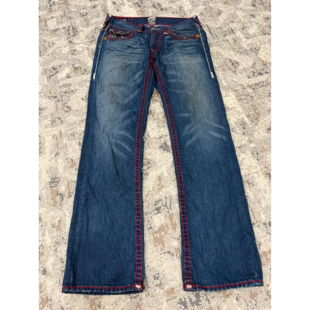 True Religion Ricky Super T Jeans Mens 33 Medium Wash Red White Stitch USA Made
